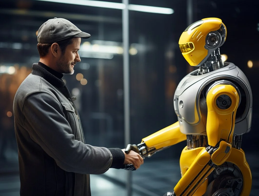 man and robot doing handshake